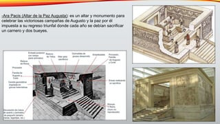 -Ara Pacis (Altar de la Paz Augusta): es un altar y monumento para
celebrar las victoriosas campañas de Augusto y la paz por él
impuesta a su regreso triunfal donde cada año se debían sacrificar
un carnero y dos bueyes.
 