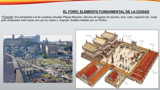 -Función: Era semejante a la de nuestras actuales Plazas Mayores. Servían de lugares de reunión, ocio, culto, negocios etc. Cada
gran emperador solía hacer uno, por ej. Cesar y Augusto. Estaba rodeado por un Pórtico
.
EL FORO: ELEMENTO FUNDAMENTAL DE LA CIUDAD
 