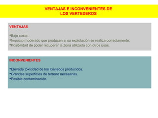 VENTAJAS
Bajo coste.
Impacto moderado que producen si su explotación se realiza correctamente.
Posibilidad de poder recuperar la zona utilizada con otros usos.
INCONVENIENTES
Elevada toxicidad de los lixiviados producidos.
Grandes superficies de terreno necesarias.
Posible contaminación.
VENTAJAS E INCONVENIENTES DE
LOS VERTEDEROS
 