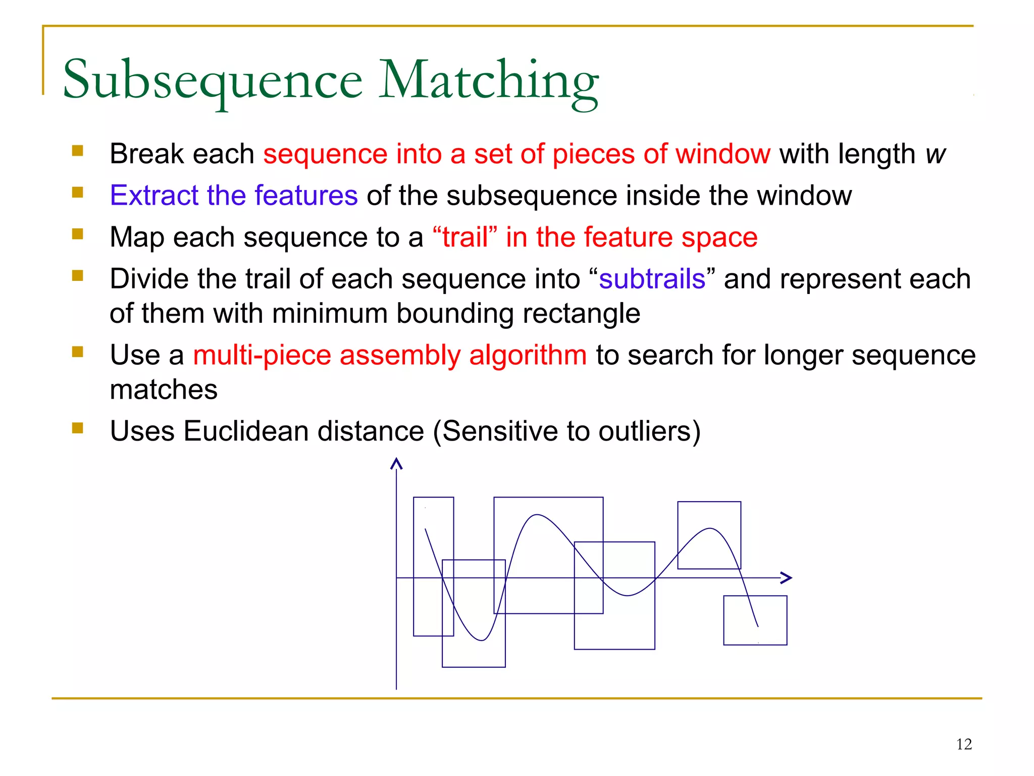 Subsequence Matching
 Break each sequence into a set of pieces of window with length w
 Extract the features of the subsequence inside the window
 Map each sequence to a “trail” in the feature space
 Divide the trail of each sequence into “subtrails” and represent each
of them with minimum bounding rectangle
 Use a multi-piece assembly algorithm to search for longer sequence
matches
 Uses Euclidean distance (Sensitive to outliers)
12
 