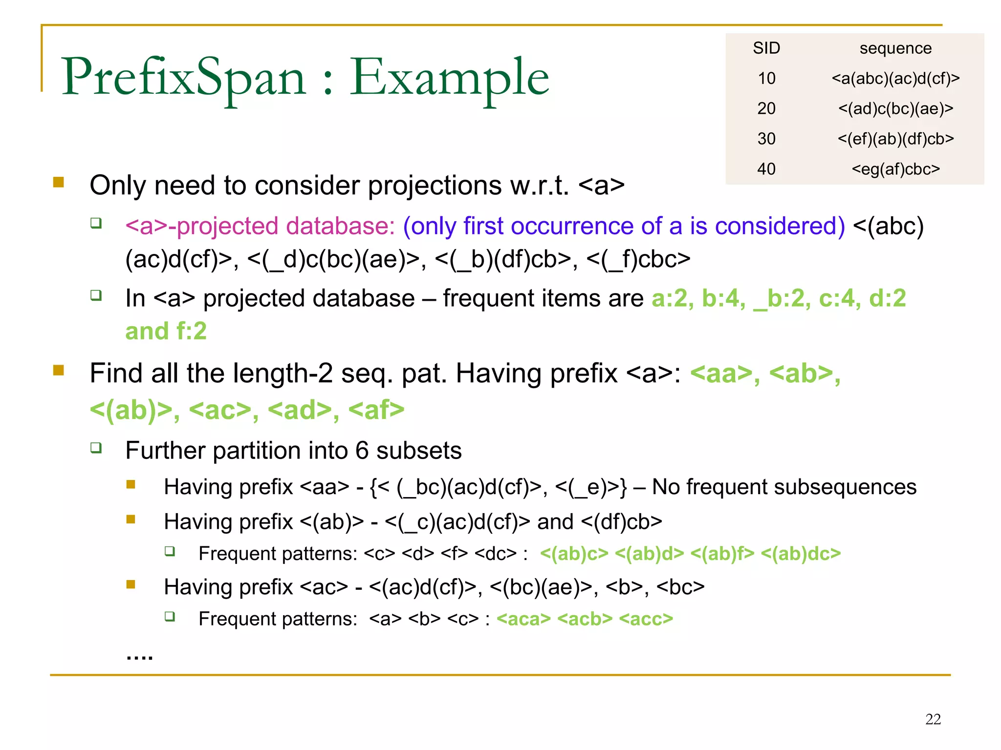 PrefixSpan : Example
 Only need to consider projections w.r.t. <a>
 <a>-projected database: (only first occurrence of a is considered) <(abc)
(ac)d(cf)>, <(_d)c(bc)(ae)>, <(_b)(df)cb>, <(_f)cbc>
 In <a> projected database – frequent items are a:2, b:4, _b:2, c:4, d:2
and f:2
 Find all the length-2 seq. pat. Having prefix <a>: <aa>, <ab>,
<(ab)>, <ac>, <ad>, <af>
 Further partition into 6 subsets
 Having prefix <aa> - {< (_bc)(ac)d(cf)>, <(_e)>} – No frequent subsequences
 Having prefix <(ab)> - <(_c)(ac)d(cf)> and <(df)cb>
 Frequent patterns: <c> <d> <f> <dc> : <(ab)c> <(ab)d> <(ab)f> <(ab)dc>
 Having prefix <ac> - <(ac)d(cf)>, <(bc)(ae)>, <b>, <bc>
 Frequent patterns: <a> <b> <c> : <aca> <acb> <acc>
….
22
SID sequence
10 <a(abc)(ac)d(cf)>
20 <(ad)c(bc)(ae)>
30 <(ef)(ab)(df)cb>
40 <eg(af)cbc>
 