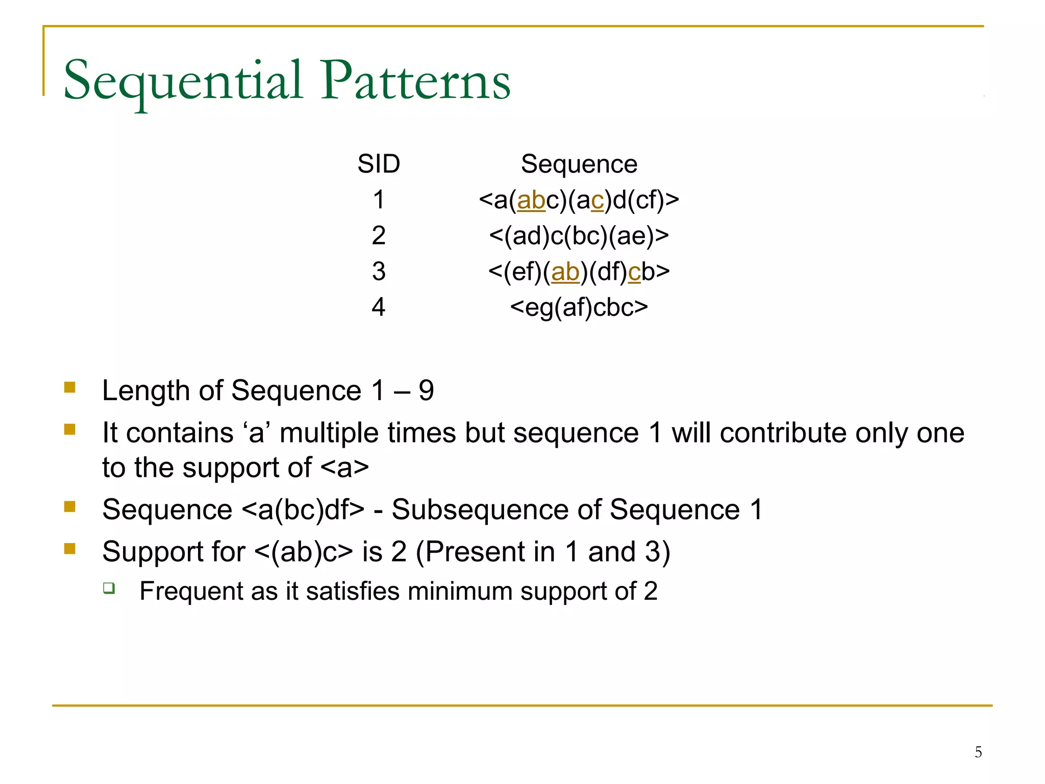 Sequential Patterns
 Length of Sequence 1 – 9
 It contains ‘a’ multiple times but sequence 1 will contribute only one
to the support of <a>
 Sequence <a(bc)df> - Subsequence of Sequence 1
 Support for <(ab)c> is 2 (Present in 1 and 3)
 Frequent as it satisfies minimum support of 2
5
SID Sequence
1 <a(abc)(ac)d(cf)>
2 <(ad)c(bc)(ae)>
3 <(ef)(ab)(df)cb>
4 <eg(af)cbc>
 