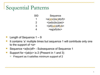 Sequential Patterns
 Length of Sequence 1 – 9
 It contains ‘a’ multiple times but sequence 1 will contribute only one
to the support of <a>
 Sequence <a(bc)df> - Subsequence of Sequence 1
 Support for <(ab)c> is 2 (Present in 1 and 3)
 Frequent as it satisfies minimum support of 2
5
SID Sequence
1 <a(abc)(ac)d(cf)>
2 <(ad)c(bc)(ae)>
3 <(ef)(ab)(df)cb>
4 <eg(af)cbc>
 