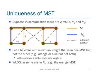 CSCE 411H, Spring 2013: Set 8 19
Uniqueness of MST
 Suppose in contradiction there are 2 MSTs, M1 and M2.
 Let e be edge with minimum weight that is in one MST but
not the other (e.g., orange or blue but not both)
 in the example it is the edge with weight 4
 WLOG, assume e is in M1 (e.g., the orange MST)
M1
M2
edges in
neither12
8 4
7
 