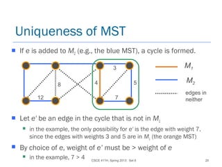 CSCE 411H, Spring 2013: Set 8 20
Uniqueness of MST
 If e is added to M2 (e.g., the blue MST), a cycle is formed.
 Let e' be an edge in the cycle that is not in M1
 in the example, the only possibility for e' is the edge with weight 7,
since the edges with weights 3 and 5 are in M1 (the orange MST)
 By choice of e, weight of e’ must be > weight of e
 in the example, 7 > 4
M1
M2
edges in
neither12
8 4
7
3
5
 