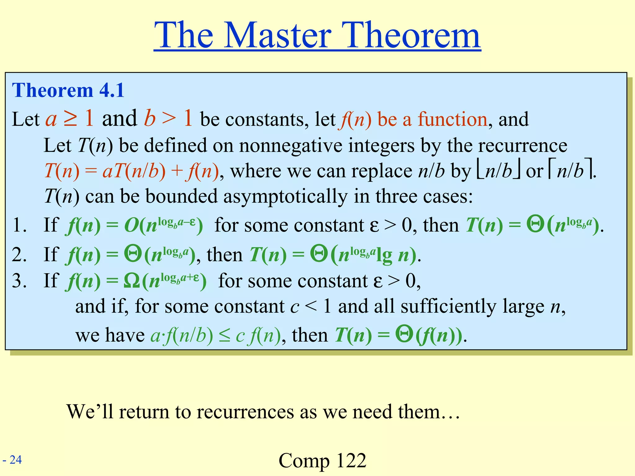 Comp 122- 24
The Master Theorem
Theorem 4.1
Let a ≥ 1 and b > 1 be constants, let f(n) be a function, and
Let T(n) be defined on nonnegative integers by the recurrence
T(n) = aT(n/b) + f(n), where we can replace n/b by n/b or n/b.
T(n) can be bounded asymptotically in three cases:
1. If f(n) = O(nlogba–ε
) for some constant ε > 0, then T(n) = Θ(nlogba
).
2. If f(n) = Θ(nlogba
), then T(n) = Θ(nlogba
lg n).
3. If f(n) = Ω(nlogba+ε
) for some constant ε > 0,
and if, for some constant c < 1 and all sufficiently large n,
we have a·f(n/b) ≤ c f(n), then T(n) = Θ(f(n)).
Theorem 4.1
Let a ≥ 1 and b > 1 be constants, let f(n) be a function, and
Let T(n) be defined on nonnegative integers by the recurrence
T(n) = aT(n/b) + f(n), where we can replace n/b by n/b or n/b.
T(n) can be bounded asymptotically in three cases:
1. If f(n) = O(nlogba–ε
) for some constant ε > 0, then T(n) = Θ(nlogba
).
2. If f(n) = Θ(nlogba
), then T(n) = Θ(nlogba
lg n).
3. If f(n) = Ω(nlogba+ε
) for some constant ε > 0,
and if, for some constant c < 1 and all sufficiently large n,
we have a·f(n/b) ≤ c f(n), then T(n) = Θ(f(n)).
We’ll return to recurrences as we need them…
 