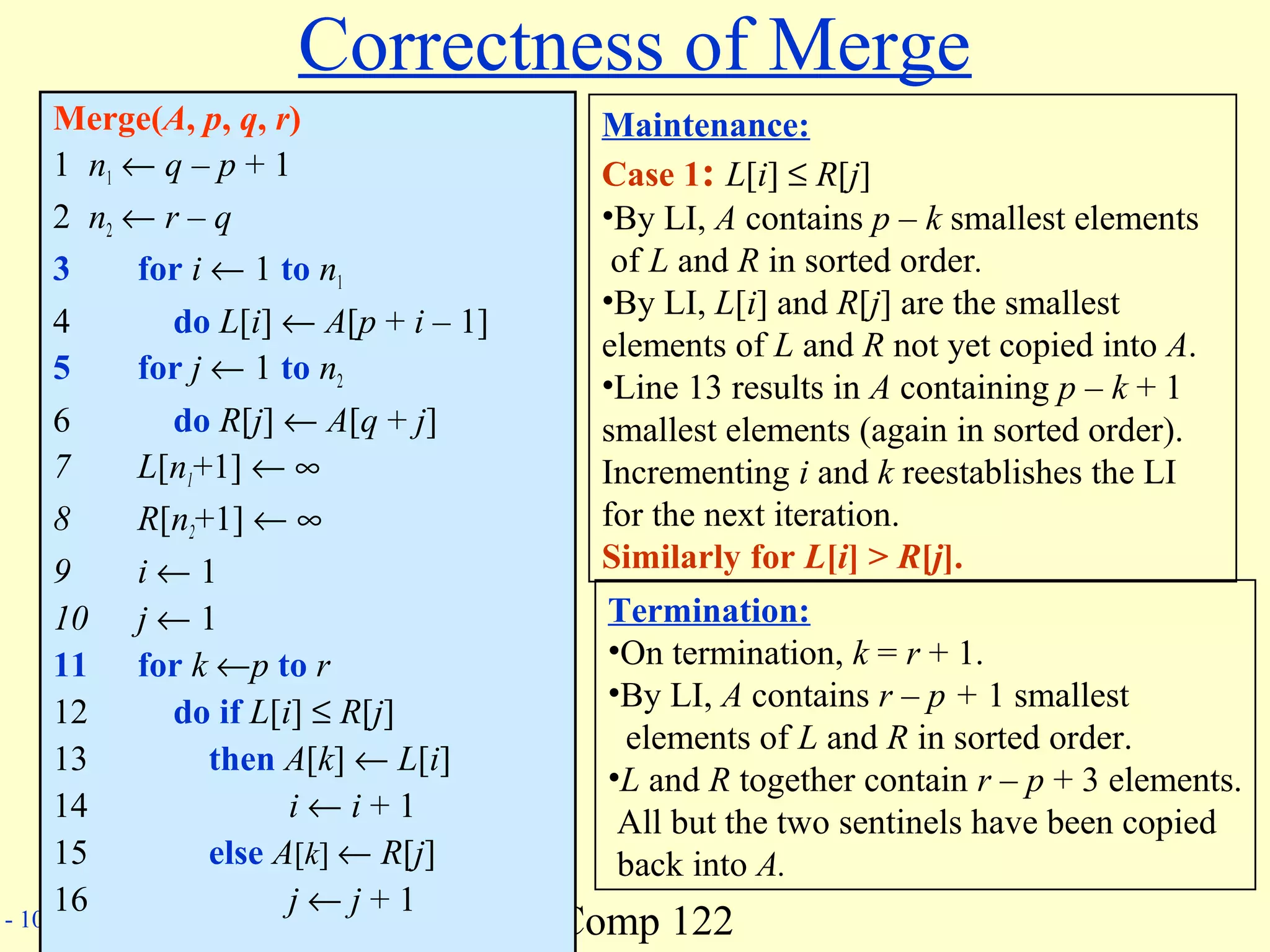 Comp 122- 10
Correctness of Merge
Merge(A, p, q, r)
1 n1 ← q – p + 1
2 n2 ← r – q
3 for i ← 1 to n1
4 do L[i] ← A[p + i – 1]
5 for j ← 1 to n2
6 do R[j] ← A[q + j]
7 L[n1+1] ← ∞
8 R[n2+1] ← ∞
9 i ← 1
10 j ← 1
11 for k ←p to r
12 do if L[i] ≤ R[j]
13 then A[k] ← L[i]
14 i ← i + 1
15 else A[k] ← R[j]
16 j ← j + 1
Maintenance:
Case 1: L[i] ≤ R[j]
•By LI, A contains p – k smallest elements
of L and R in sorted order.
•By LI, L[i] and R[j] are the smallest
elements of L and R not yet copied into A.
•Line 13 results in A containing p – k + 1
smallest elements (again in sorted order).
Incrementing i and k reestablishes the LI
for the next iteration.
Similarly for L[i] > R[j].
Termination:
•On termination, k = r + 1.
•By LI, A contains r – p + 1 smallest
elements of L and R in sorted order.
•L and R together contain r – p + 3 elements.
All but the two sentinels have been copied
back into A.
 