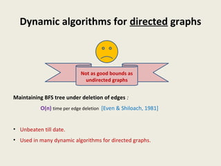 Dynamic algorithms for directed graphs
Maintaining BFS tree under deletion of edges :
O(n) time per edge deletion [Even & Shiloach, 1981]
• Unbeaten till date.
• Used in many dynamic algorithms for directed graphs.
Not as good bounds as
undirected graphs
 