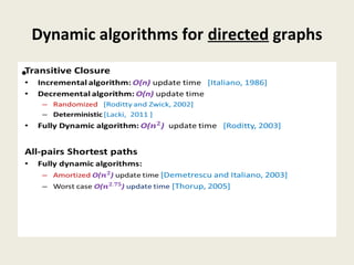 Dynamic algorithms for directed graphs
Transitive Closure
• Incremental algorithm: O(n) update time [Italiano, 1986]
• Decremental algorithm: O(n) update time
– Randomized [Roditty and Zwick, 2002]
– Deterministic [Lacki, 2011 ]
• Fully Dynamic algorithm: O() update time [Roditty, 2003]
All-pairs Shortest paths
• Fully dynamic algorithms:
– Amortized O() update time [Demetrescu and Italiano, 2003]
– Worst case O() update time [Thorup, 2005]
•
 