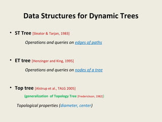 Data Structures for Dynamic Trees
• ST Tree [Sleator & Tarjan, 1983]
Operations and queries on edges of paths
• ET tree [Henzinger and King, 1995]
Operations and queries on nodes of a tree
• Top tree [Alstrup et al., TALG 2005]
(generalization of Topology Tree [Frederickson, 1982])
Topological properties (diameter, center)
 