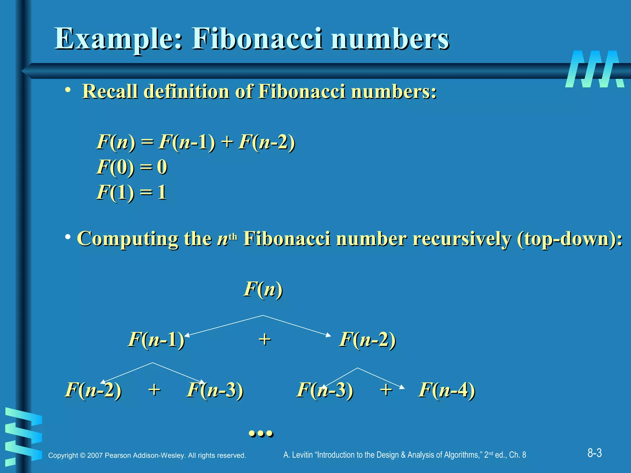 8-3Copyright © 2007 Pearson Addison-Wesley. All rights reserved. A. Levitin “Introduction to the Design & Analysis of Algorithms,” 2nd
ed., Ch. 8
Example: Fibonacci numbersExample: Fibonacci numbers
• Recall definition of Fibonacci numbers:Recall definition of Fibonacci numbers:
FF((nn)) = F= F((nn-1)-1) + F+ F((nn-2)-2)
FF(0)(0) == 00
FF(1)(1) == 11
• Computing theComputing the nnthth
Fibonacci number recursively (top-down):Fibonacci number recursively (top-down):
FF((nn))
FF((n-n-1)1) + F+ F((n-n-2)2)
FF((n-n-2)2) + F+ F((n-n-3)3) FF((n-n-3)3) + F+ F((n-n-4)4)
......
 