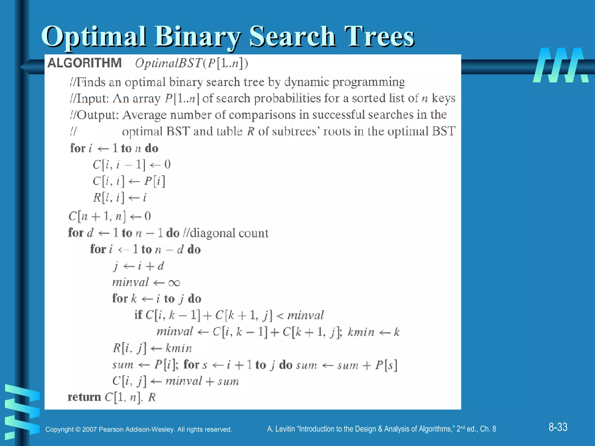 8-33Copyright © 2007 Pearson Addison-Wesley. All rights reserved. A. Levitin “Introduction to the Design & Analysis of Algorithms,” 2nd
ed., Ch. 8
Optimal Binary Search TreesOptimal Binary Search Trees
 