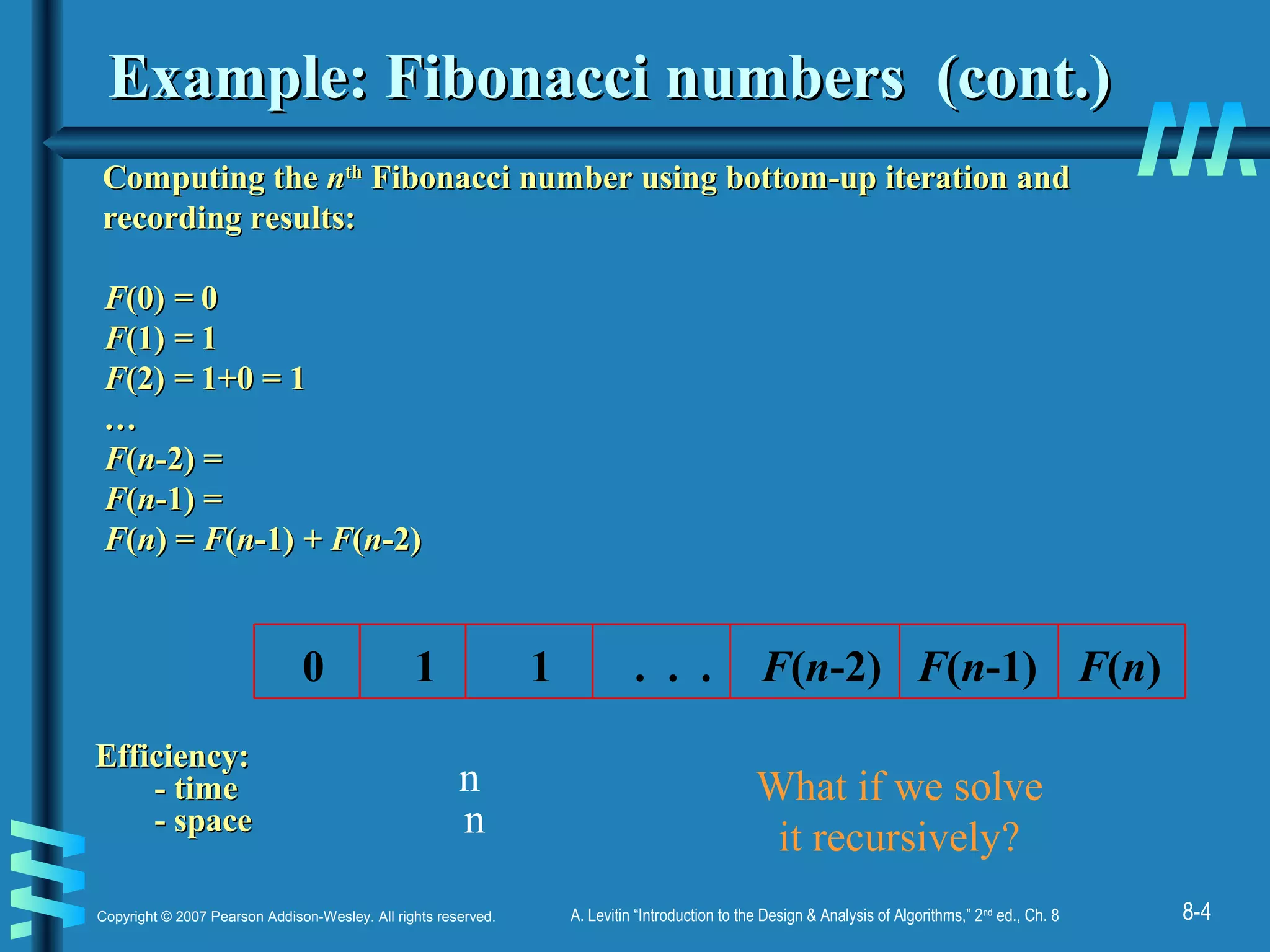 8-4Copyright © 2007 Pearson Addison-Wesley. All rights reserved. A. Levitin “Introduction to the Design & Analysis of Algorithms,” 2nd
ed., Ch. 8
Example: Fibonacci numbers (cont.)Example: Fibonacci numbers (cont.)
Computing theComputing the nnthth
Fibonacci number using bottom-up iteration andFibonacci number using bottom-up iteration and
recording results:recording results:
FF(0)(0) == 00
FF(1)(1) == 11
FF(2)(2) == 1+0 = 11+0 = 1
……
FF((nn-2) =-2) =
FF((nn-1) =-1) =
FF((nn) =) = FF((nn-1)-1) + F+ F((nn-2)-2)
Efficiency:Efficiency:
- time- time
- space- space
0 1 1 . . . F(n-2) F(n-1) F(n)
n
n
What if we solve
it recursively?
 