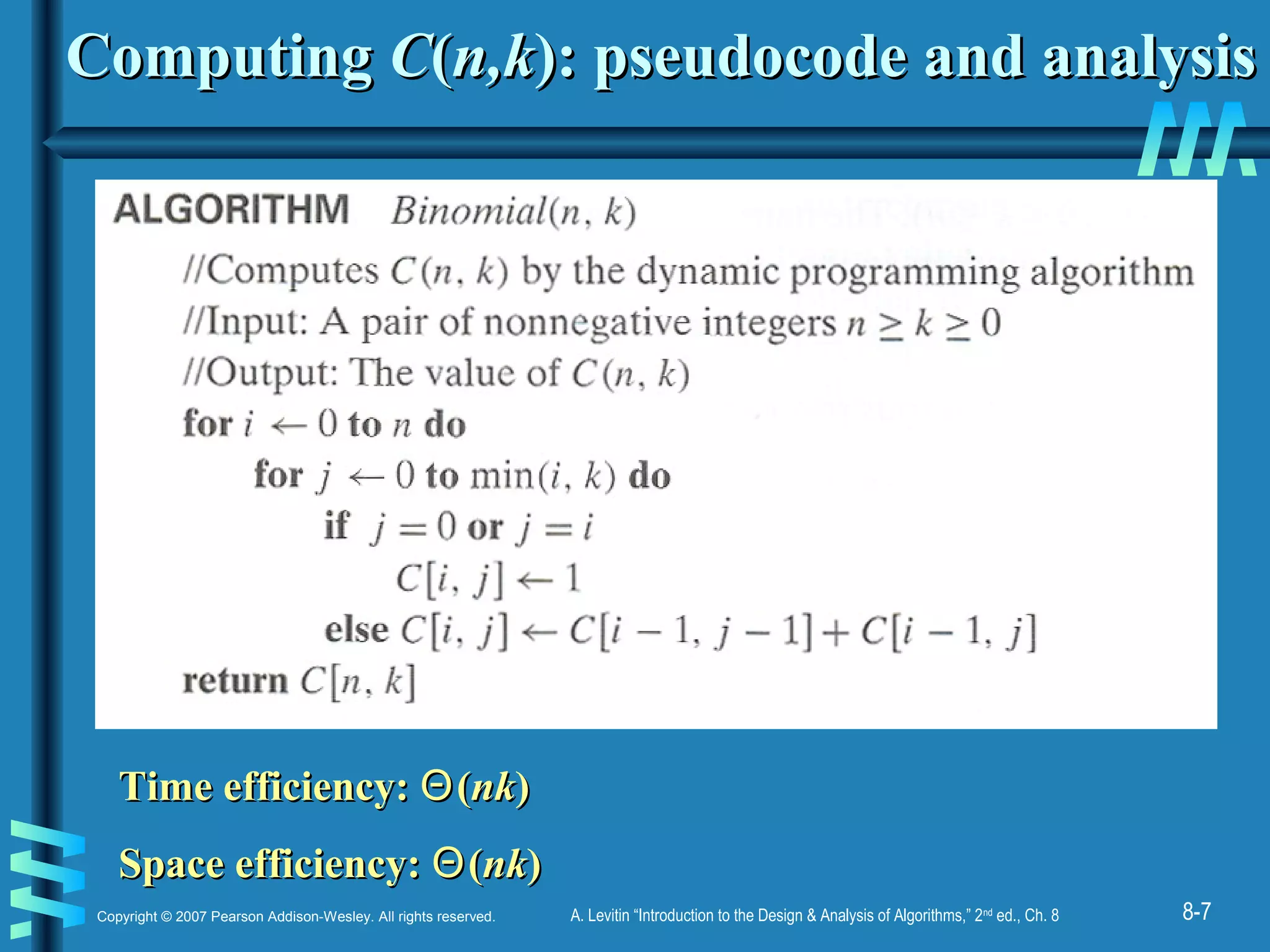 8-7Copyright © 2007 Pearson Addison-Wesley. All rights reserved. A. Levitin “Introduction to the Design & Analysis of Algorithms,” 2nd
ed., Ch. 8
ComputingComputing CC((n,kn,k): pseudocode and analysis): pseudocode and analysis
Time efficiency:Time efficiency: ΘΘ((nknk))
Space efficiency:Space efficiency: ΘΘ((nknk))
 