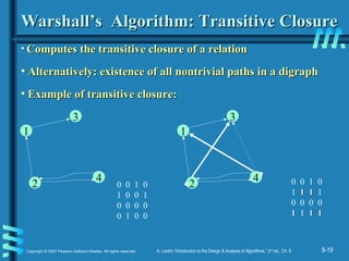 8-19Copyright © 2007 Pearson Addison-Wesley. All rights reserved. A. Levitin “Introduction to the Design & Analysis of Algorithms,” 2nd
ed., Ch. 8
Warshall’s Algorithm: Transitive ClosureWarshall’s Algorithm: Transitive Closure
• Computes the transitive closure of a relationComputes the transitive closure of a relation
• Alternatively: existence of all nontrivial paths in a digraphAlternatively: existence of all nontrivial paths in a digraph
• Example of transitive closure:Example of transitive closure:
3
4
2
1
0 0 1 0
1 0 0 1
0 0 0 0
0 1 0 0
0 0 1 0
1 1 11 1 1
0 0 0 0
11 1 1 11 1
3
4
2
1
 