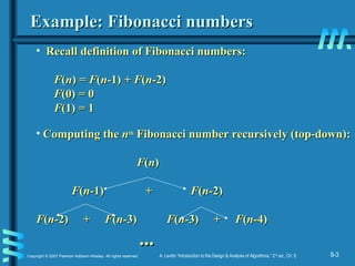 8-3Copyright © 2007 Pearson Addison-Wesley. All rights reserved. A. Levitin “Introduction to the Design & Analysis of Algorithms,” 2nd
ed., Ch. 8
Example: Fibonacci numbersExample: Fibonacci numbers
• Recall definition of Fibonacci numbers:Recall definition of Fibonacci numbers:
FF((nn)) = F= F((nn-1)-1) + F+ F((nn-2)-2)
FF(0)(0) == 00
FF(1)(1) == 11
• Computing theComputing the nnthth
Fibonacci number recursively (top-down):Fibonacci number recursively (top-down):
FF((nn))
FF((n-n-1)1) + F+ F((n-n-2)2)
FF((n-n-2)2) + F+ F((n-n-3)3) FF((n-n-3)3) + F+ F((n-n-4)4)
......
 