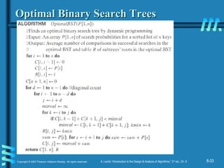 8-33Copyright © 2007 Pearson Addison-Wesley. All rights reserved. A. Levitin “Introduction to the Design & Analysis of Algorithms,” 2nd
ed., Ch. 8
Optimal Binary Search TreesOptimal Binary Search Trees
 