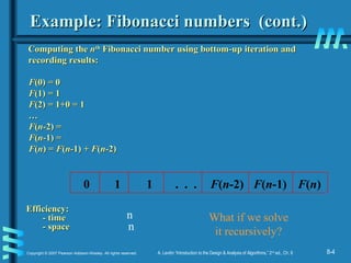 8-4Copyright © 2007 Pearson Addison-Wesley. All rights reserved. A. Levitin “Introduction to the Design & Analysis of Algorithms,” 2nd
ed., Ch. 8
Example: Fibonacci numbers (cont.)Example: Fibonacci numbers (cont.)
Computing theComputing the nnthth
Fibonacci number using bottom-up iteration andFibonacci number using bottom-up iteration and
recording results:recording results:
FF(0)(0) == 00
FF(1)(1) == 11
FF(2)(2) == 1+0 = 11+0 = 1
……
FF((nn-2) =-2) =
FF((nn-1) =-1) =
FF((nn) =) = FF((nn-1)-1) + F+ F((nn-2)-2)
Efficiency:Efficiency:
- time- time
- space- space
0 1 1 . . . F(n-2) F(n-1) F(n)
n
n
What if we solve
it recursively?
 