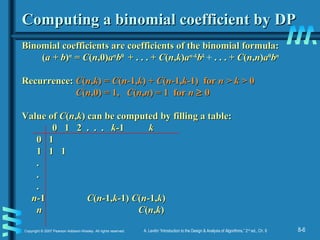 8-6Copyright © 2007 Pearson Addison-Wesley. All rights reserved. A. Levitin “Introduction to the Design & Analysis of Algorithms,” 2nd
ed., Ch. 8
Computing a binomial coefficient by DPComputing a binomial coefficient by DP
Binomial coefficients are coefficients of the binomial formula:Binomial coefficients are coefficients of the binomial formula:
((a + ba + b))nn
== CC((nn,0),0)aann
bb00
+ . . . ++ . . . + CC((nn,,kk))aan-kn-k
bbkk
+ . . . +. . . + CC((nn,,nn))aa00
bbnn
Recurrence:Recurrence: CC((nn,,kk) =) = CC((n-n-1,1,kk) +) + CC((nn-1,-1,kk-1) for-1) for n > kn > k > 0> 0
CC((nn,0) = 1,,0) = 1, CC((nn,,nn) = 1 for) = 1 for nn ≥≥ 00
Value ofValue of CC((nn,,kk) can be computed by filling a table:) can be computed by filling a table:
0 1 2 . . .0 1 2 . . . kk-1-1 kk
0 10 1
1 1 11 1 1
..
..
..
n-n-11 CC((n-n-1,1,kk-1)-1) CC((n-n-1,1,kk))
nn CC((nn,,kk))
 