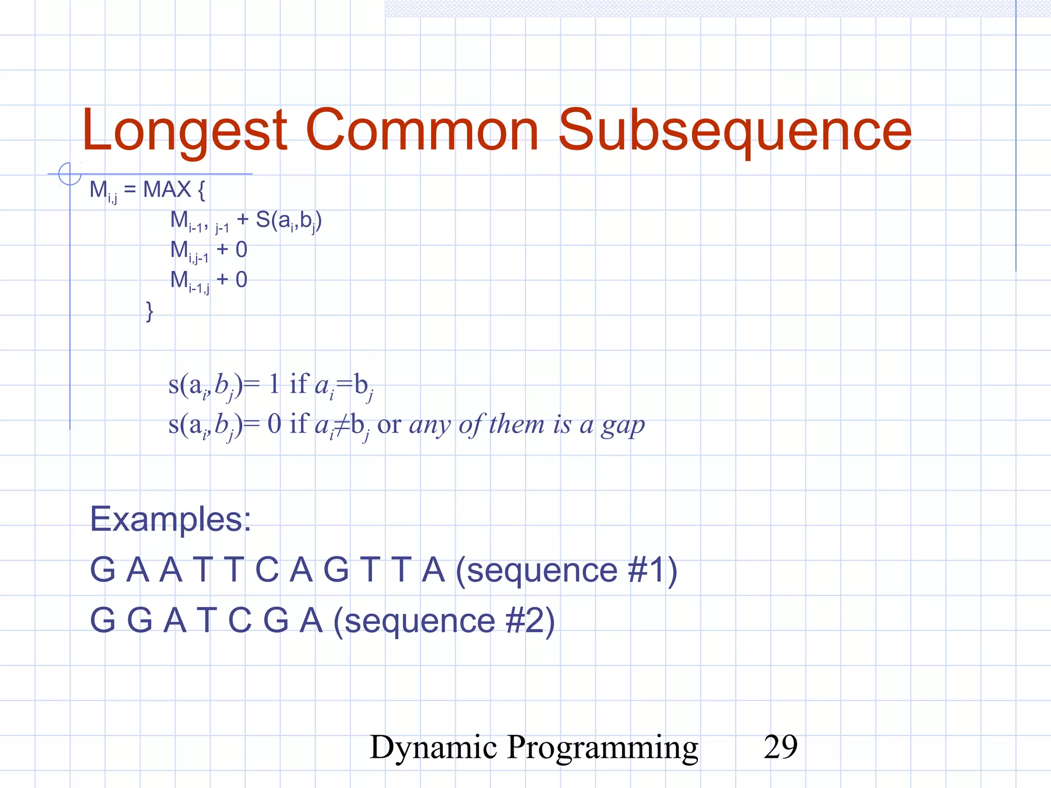 Dynamic Programming 29
Examples:
G A A T T C A G T T A (sequence #1)
G G A T C G A (sequence #2)
s(ai,bj)= 1 if ai=bj
s(ai,bj)= 0 if ai≠bj or any of them is a gap
Mi,j = MAX {
Mi-1, j-1 + S(ai,bj)
Mi,j-1 + 0
Mi-1,j + 0
}
Longest Common Subsequence
 