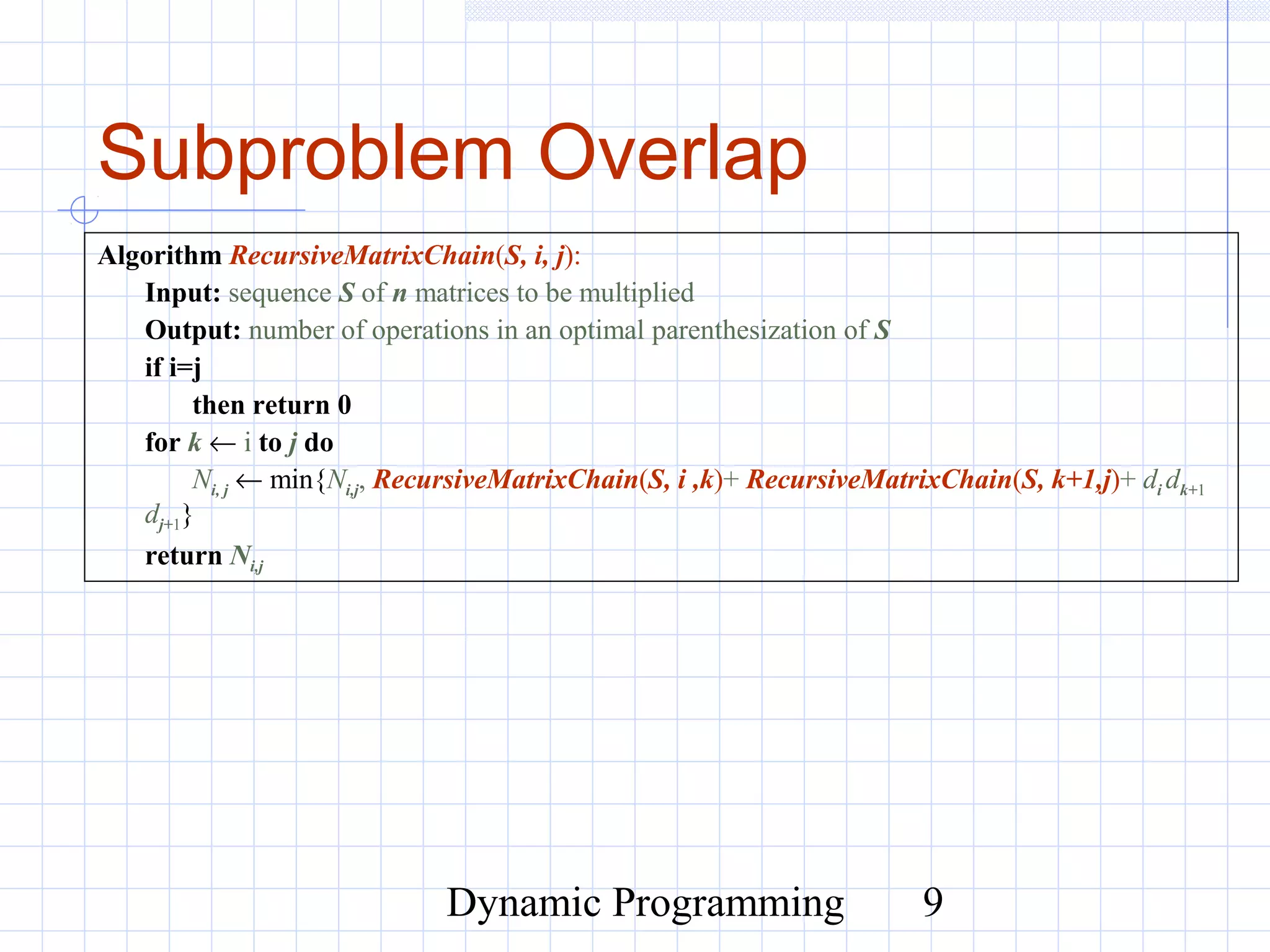 Dynamic Programming 9
Subproblem Overlap
Algorithm RecursiveMatrixChain(S, i, j):
Input: sequence S of n matrices to be multiplied
Output: number of operations in an optimal parenthesization of S
if i=j
then return 0
for k ← i to j do
Ni, j ← min{Ni,j, RecursiveMatrixChain(S, i ,k)+ RecursiveMatrixChain(S, k+1,j)+ di dk+1
dj+1}
return Ni,j
 