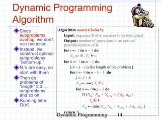 Dynamic Programming 14
Dynamic Programming
Algorithm
Since
subproblems
overlap, we don’t
use recursion.
Instead, we
construct optimal
subproblems
“bottom-up.”
Ni,i’s are easy, so
start with them
Then do
problems of
“length” 2,3,…
subproblems,
and so on.
Running time:
O(n3
)
Algorithm matrixChain(S):
Input: sequence S of n matrices to be multiplied
Output: number of operations in an optimal
parenthesization of S
for i ← 1 to n − 1 do
Ni,i ← 0 ; Tii i;
for b ← 1 to n − 1 do
{ b = j − i is the length of the problem }
for i ← 0 to n − b - 1 do
j ← i + b
Ni,j ← +∞; Tij i;
for k ← i to j − 1 do
If (Ni,j> Ni,k + Nk+1,j + di dk+1 dj+1)
Ti,jk
Ni,j ← min{Ni,j, Ni,k + Nk+1,j + di dk+1 dj+1}
return N0,n-1
 