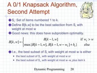 Dynamic Programming 20
A 0/1 Knapsack Algorithm,
Second Attempt
Sk: Set of items numbered 1 to k.
Define B[k,w] to be the best selection from Sk with
weight at most w
Good news: this does have subproblem optimality.
I.e., the best subset of Sk with weight at most w is either
 the best subset of Sk-1 with weight at most w or
 the best subset of Sk-1 with weight at most w−wk plus item k



+−−−
>−
=
else}],1[],,1[max{
if],1[
],[
kk
k
bwwkBwkB
wwwkB
wkB
 