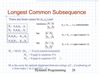 Dynamic Programming 28
Longest Common Subsequence
Mi,j = MAX {Mi-1, j-1 + S (ai,bj) (match/mismatch)
Mi,j-1 + 0 (gap in sequence #1)
Mi-1,j + 0 (gap in sequence #2) }
Mi,jis the score for optimal alignment between strings a[1…i] (substring of
a from index 1 to i) and b[1…j]
S1: a1a2a3…ai
S2: b1b2b3…bj
There are three cases for (xn,yn) pair:
x1x2x3…xn-1xn
y1y2y3…yn-1yn
 