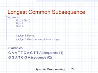 Dynamic Programming 29
Examples:
G A A T T C A G T T A (sequence #1)
G G A T C G A (sequence #2)
s(ai,bj)= 1 if ai=bj
s(ai,bj)= 0 if ai≠bj or any of them is a gap
Mi,j = MAX {
Mi-1, j-1 + S(ai,bj)
Mi,j-1 + 0
Mi-1,j + 0
}
Longest Common Subsequence
 