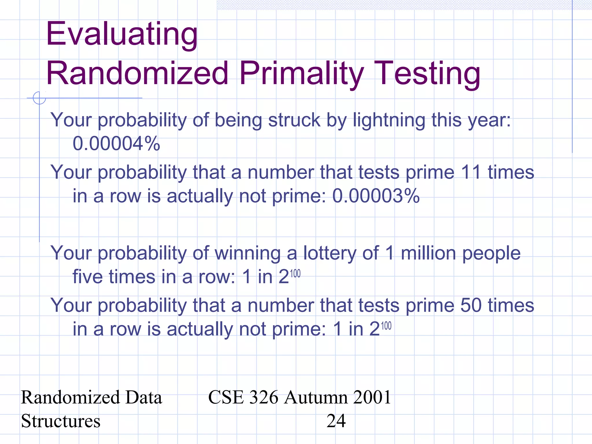 Randomized Data
Structures
CSE 326 Autumn 2001
24
Evaluating
Randomized Primality Testing
Your probability of being struck by lightning this year:
0.00004%
Your probability that a number that tests prime 11 times
in a row is actually not prime: 0.00003%
Your probability of winning a lottery of 1 million people
five times in a row: 1 in 2100
Your probability that a number that tests prime 50 times
in a row is actually not prime: 1 in 2100
 
