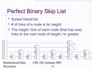 Randomized Data
Structures
CSE 326 Autumn 2001
11
Perfect Binary Skip List
 Sorted linked list
 # of links of a node is its height
 The height i link of each node (that has one)
links to the next node of height i or greater
8
2
11
10
19
13
20
22
29
23
 