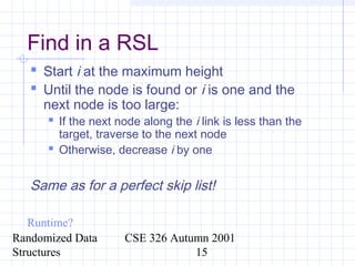 Randomized Data
Structures
CSE 326 Autumn 2001
15
Find in a RSL
 Start i at the maximum height
 Until the node is found or i is one and the
next node is too large:
 If the next node along the i link is less than the
target, traverse to the next node
 Otherwise, decrease i by one
Same as for a perfect skip list!
Runtime?
 