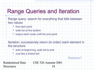 Randomized Data
Structures
CSE 326 Autumn 2001
18
Range Queries and Iteration
Range query: search for everything that falls between
two values
 find start point
 walk list at the bottom
 output each node until the end point
Iteration: successively return (in order) each element in
the structure
 start at beginning, walk list to end
 Just like a linked list!
Runtimes?
 