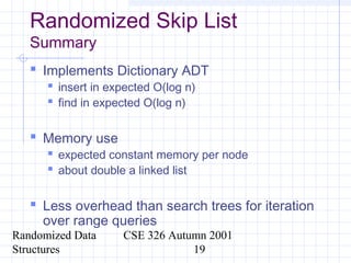 Randomized Data
Structures
CSE 326 Autumn 2001
19
Randomized Skip List
Summary
 Implements Dictionary ADT
 insert in expected O(log n)
 find in expected O(log n)
 Memory use
 expected constant memory per node
 about double a linked list
 Less overhead than search trees for iteration
over range queries
 