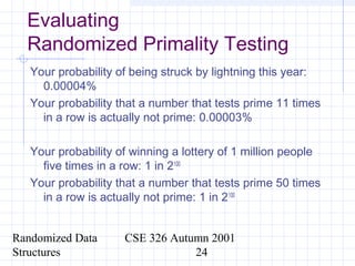 Randomized Data
Structures
CSE 326 Autumn 2001
24
Evaluating
Randomized Primality Testing
Your probability of being struck by lightning this year:
0.00004%
Your probability that a number that tests prime 11 times
in a row is actually not prime: 0.00003%
Your probability of winning a lottery of 1 million people
five times in a row: 1 in 2100
Your probability that a number that tests prime 50 times
in a row is actually not prime: 1 in 2100
 