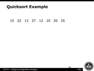 14
CS 311 – Design and Algorithms Analysis PSU
Quicksort Example
15 22 13 27 12 10 20 25
 