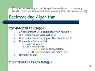 56
Backtracking Algorithm
CSP-BACKTRACKING(A)
1. If assignment A is complete then return A
2. X  select a variable not in A
3. D  select an ordering on the domain of X
4. For each value v in D do
a. Add (Xv) to A
b. If A is valid then
i. result  CSP-BACKTRACKING(A)
ii. If result ≠ failure then return result
5. Return failure
Call CSP-BACKTRACKING({})
[This recursive algorithm keeps too much data in memory.
An iterative version could save memory (left as an exercise)]
 