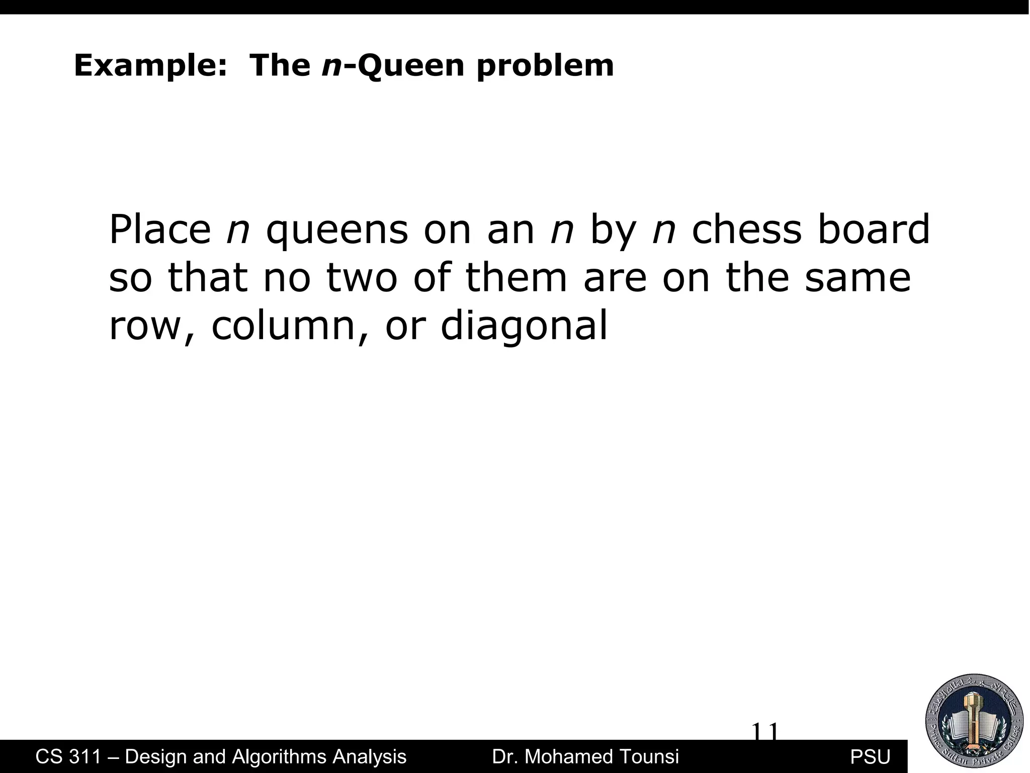 11
PSUCS 311 – Design and Algorithms Analysis Dr. Mohamed Tounsi
Example: The n-Queen problem
Place n queens on an n by n chess board
so that no two of them are on the same
row, column, or diagonal
 