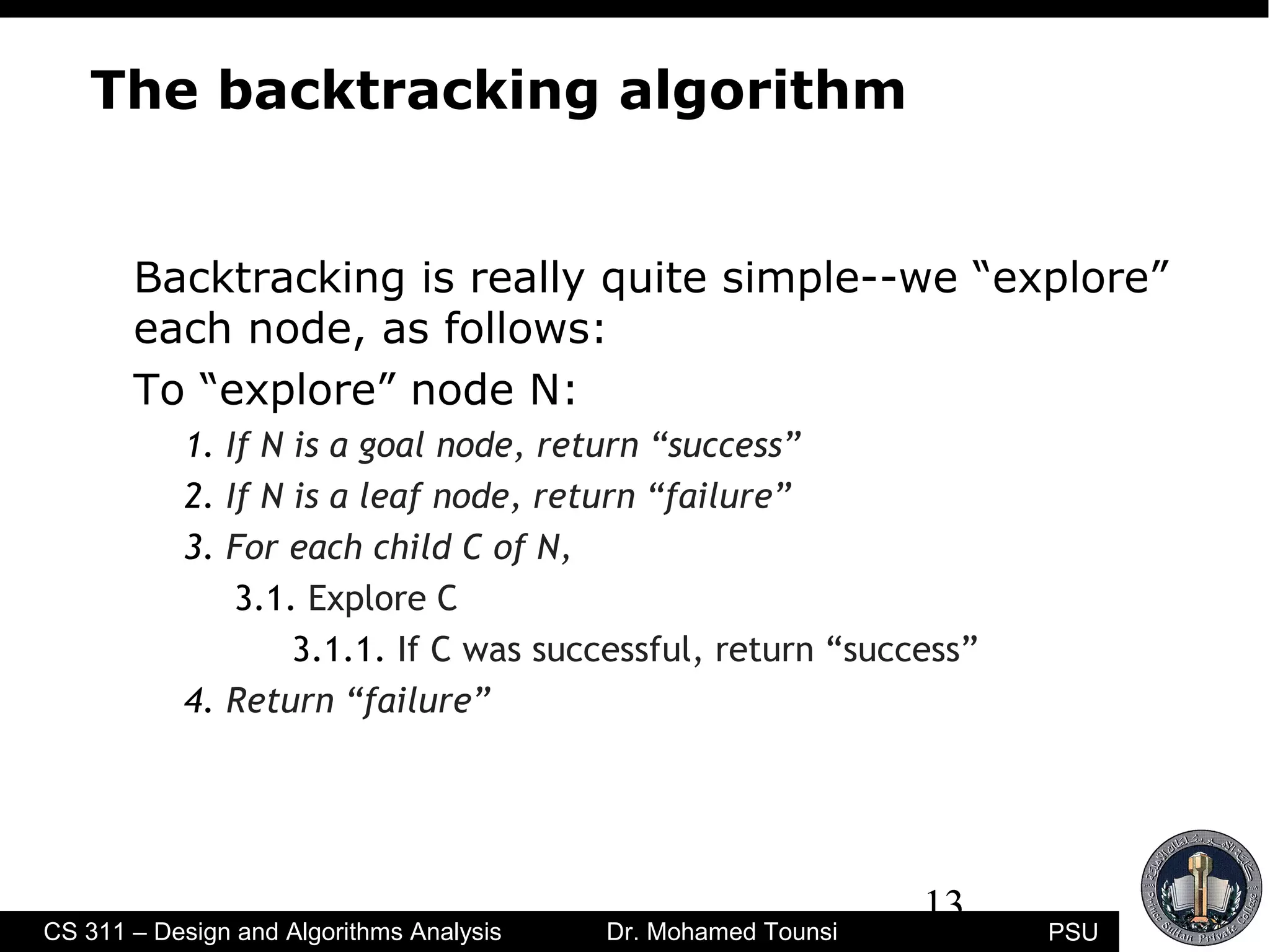 13
PSUCS 311 – Design and Algorithms Analysis Dr. Mohamed Tounsi
The backtracking algorithm
Backtracking is really quite simple--we “explore”
each node, as follows:
To “explore” node N:
1. If N is a goal node, return “success”
2. If N is a leaf node, return “failure”
3. For each child C of N,
3.1. Explore C
3.1.1. If C was successful, return “success”
4. Return “failure”
 