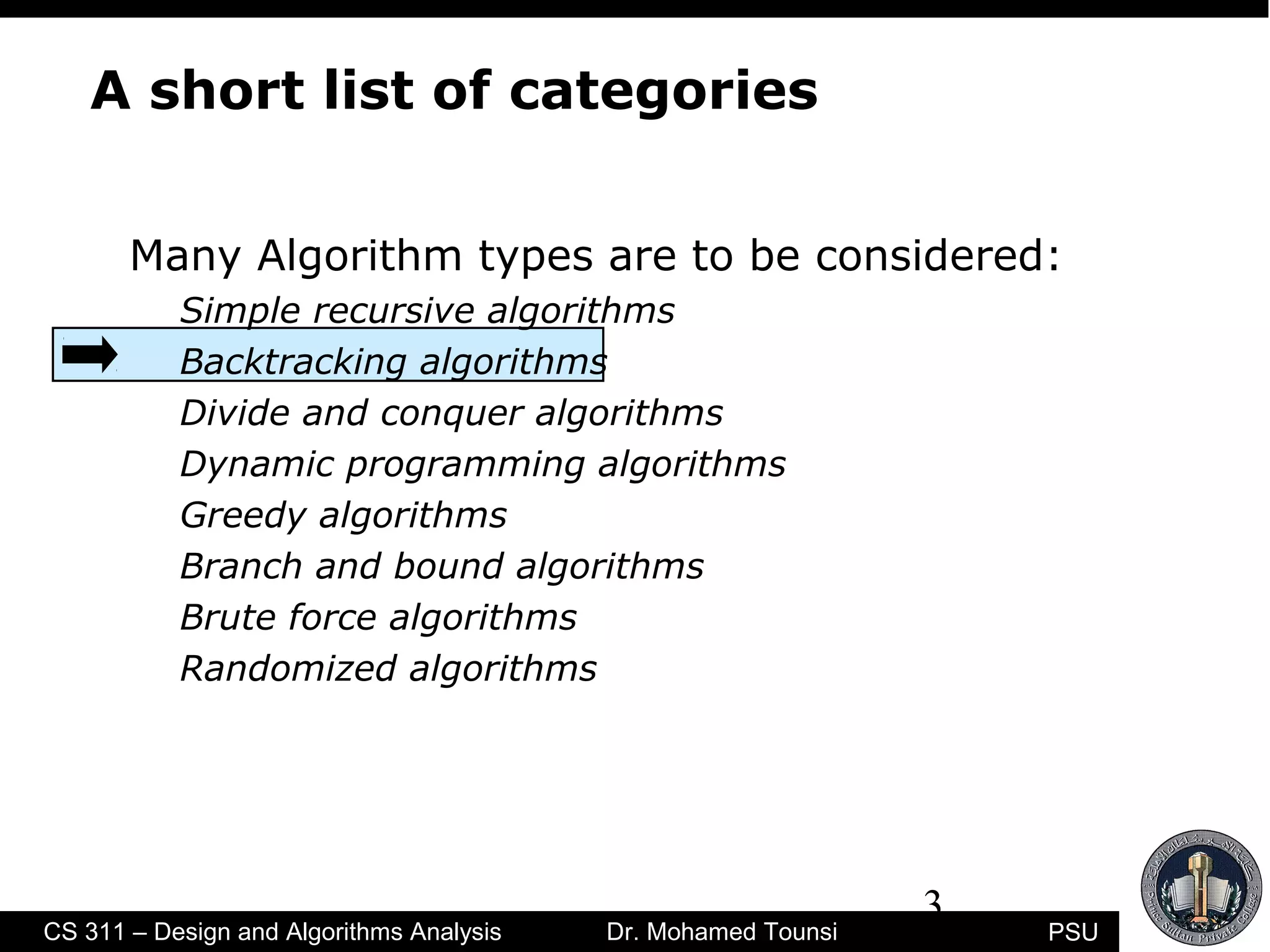 3
PSUCS 311 – Design and Algorithms Analysis Dr. Mohamed Tounsi
A short list of categories
Many Algorithm types are to be considered:
Simple recursive algorithms
Backtracking algorithms
Divide and conquer algorithms
Dynamic programming algorithms
Greedy algorithms
Branch and bound algorithms
Brute force algorithms
Randomized algorithms
 