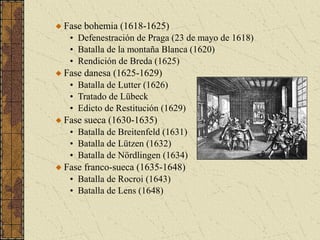 Fase bohemia (1618-1625)
• Defenestración de Praga (23 de mayo de 1618)
• Batalla de la montaña Blanca (1620)
• Rendición de Breda (1625)
Fase danesa (1625-1629)
• Batalla de Lutter (1626)
• Tratado de Lübeck
• Edicto de Restitución (1629)
Fase sueca (1630-1635)
• Batalla de Breitenfeld (1631)
• Batalla de Lützen (1632)
• Batalla de Nördlingen (1634)
Fase franco-sueca (1635-1648)
• Batalla de Rocroi (1643)
• Batalla de Lens (1648)
 