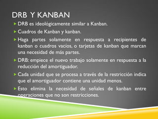 DRB Y KANBAN
 DRB es ideológicamente similar a Kanban.
 Cuadros de Kanban y kanban.
 Haga partes solamente en respuesta a recipientes de
kanban o cuadros vacíos, o tarjetas de kanban que marcan
una necesidad de más partes.
 DRB: empiece el nuevo trabajo solamente en respuesta a la
reducción del amortiguador.
 Cada unidad que se procesa a través de la restricción indica
que el amortiguador contiene una unidad menos.
 Esto elimina la necesidad de señales de kanban entre
operaciones que no son restricciones.
 