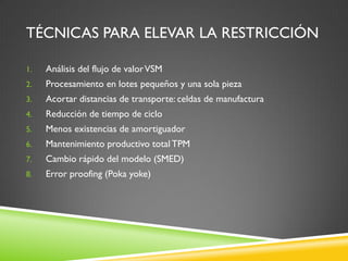 TÉCNICAS PARA ELEVAR LA RESTRICCIÓN
1. Análisis del flujo de valorVSM
2. Procesamiento en lotes pequeños y una sola pieza
3. Acortar distancias de transporte: celdas de manufactura
4. Reducción de tiempo de ciclo
5. Menos existencias de amortiguador
6. Mantenimiento productivo total TPM
7. Cambio rápido del modelo (SMED)
8. Error proofing (Poka yoke)
 