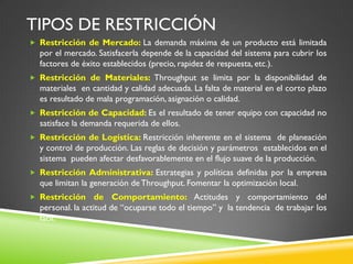 TIPOS DE RESTRICCIÓN
 Restricción de Mercado: La demanda máxima de un producto está limitada
por el mercado. Satisfacerla depende de la capacidad del sistema para cubrir los
factores de éxito establecidos (precio, rapidez de respuesta, etc.).
 Restricción de Materiales: Throughput se limita por la disponibilidad de
materiales en cantidad y calidad adecuada. La falta de material en el corto plazo
es resultado de mala programación, asignación o calidad.
 Restricción de Capacidad: Es el resultado de tener equipo con capacidad no
satisface la demanda requerida de ellos.
 Restricción de Logística: Restricción inherente en el sistema de planeación
y control de producción. Las reglas de decisión y parámetros establecidos en el
sistema pueden afectar desfavorablemente en el flujo suave de la producción.
 Restricción Administrativa: Estrategias y políticas definidas por la empresa
que limitan la generación deThroughput. Fomentar la optimización local.
 Restricción de Comportamiento: Actitudes y comportamiento del
personal. la actitud de “ocuparse todo el tiempo” y la tendencia de trabajar los
fácil.
 