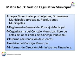 Matriz No. 3: Gestión Legislativa Municipal
 Leyes Municipales promulgadas, Ordenanzas
Municipales aprobadas, Resoluciones
Municipales.
Reglamento General del Concejo Municipal.
Organigrama del Concejo Municipal, libro de
actas de las sesiones del Concejo Municipal.
Informes de rendición de cuentas.
Archivo del Concejo Municipal.
Informes de Dirección Administrativa Financiera.
 