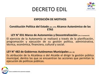 DECRETO EDIL
EXPOSICIÓN DE MOTIVOS
Constitución Política del Estado (Art. 272) Alcance Autonómico de las
ETAS
LEY N° 031 Marco de Autonomías y Descentralización (Art. 9 numeral 4)
El ejercicio de la Autonomía se realizará a través de la planificación,
programación y ejecución de su gestión política, administrativa,
técnica, económica, financiera, cultural y social.
LEY N° 482 de Gobiernos Autónomos Municipales (Art. 26)
Es atribución de la Alcaldesa o del Alcalde el dirigir la gestión pública
municipal, dentro las que se encuentran las acciones que permitan la
ejecución de políticas públicas.
 