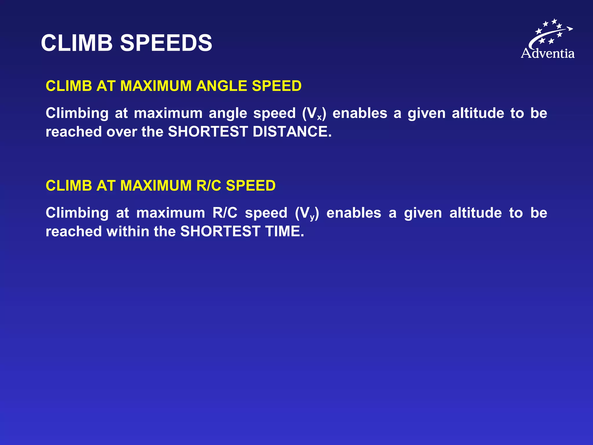 CLIMB SPEEDS
CLIMB AT MAXIMUM ANGLE SPEED
Climbing at maximum angle speed (Vx) enables a given altitude to be
reached over the SHORTEST DISTANCE.
CLIMB AT MAXIMUM R/C SPEED
Climbing at maximum R/C speed (Vy) enables a given altitude to be
reached within the SHORTEST TIME.
 