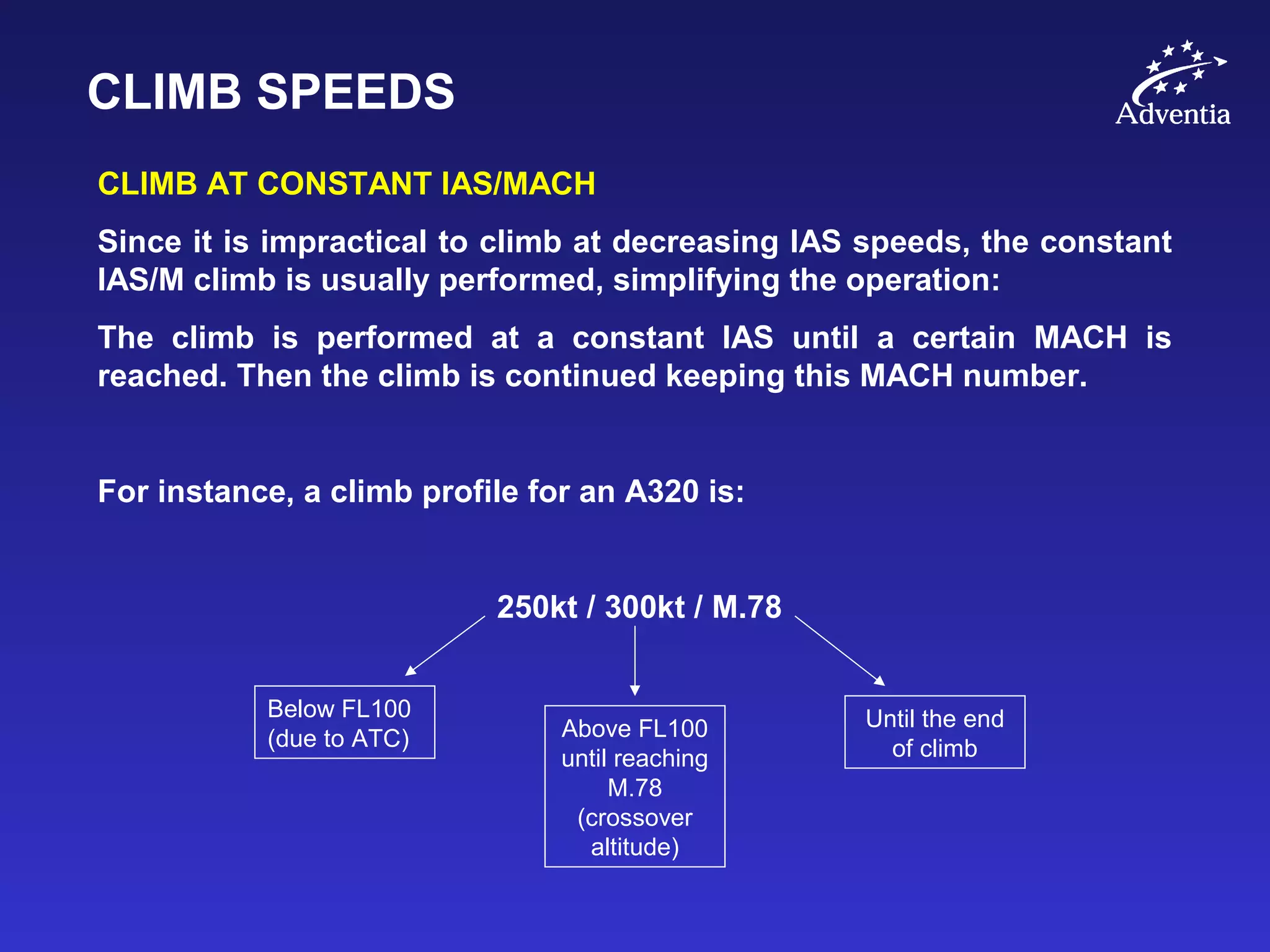 CLIMB SPEEDS
CLIMB AT CONSTANT IAS/MACH
Since it is impractical to climb at decreasing IAS speeds, the constant
IAS/M climb is usually performed, simplifying the operation:
The climb is performed at a constant IAS until a certain MACH is
reached. Then the climb is continued keeping this MACH number.
For instance, a climb profile for an A320 is:
250kt / 300kt / M.78
Below FL100
(due to ATC) Above FL100
until reaching
M.78
(crossover
altitude)
Until the end
of climb
 
