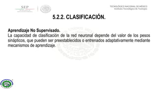 Aprendizaje No Supervisado.
La capacidad de clasificación de la red neuronal depende del valor de los pesos
sinápticos, que pueden ser preestablecidos o entrenados adaptativamente mediante
mecanismos de aprendizaje.
5.2.2. CLASIFICACIÓN.
 