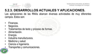 Las aplicaciones de las RNAs abarcan diversas actividades de muy diferentes
campos. Estos son:
• Finanzas.
• Negocios.
• Tratamientos de texto y proceso de formas.
• Alimentación.
• Energía.
• Industria manufacturera.
• Medicina y salud.
• Ciencia e Ingeniería.
• Transportes y comunicaciones.
5.2.3. DESARROLLOS ACTUALES Y APLICACIONES.
 